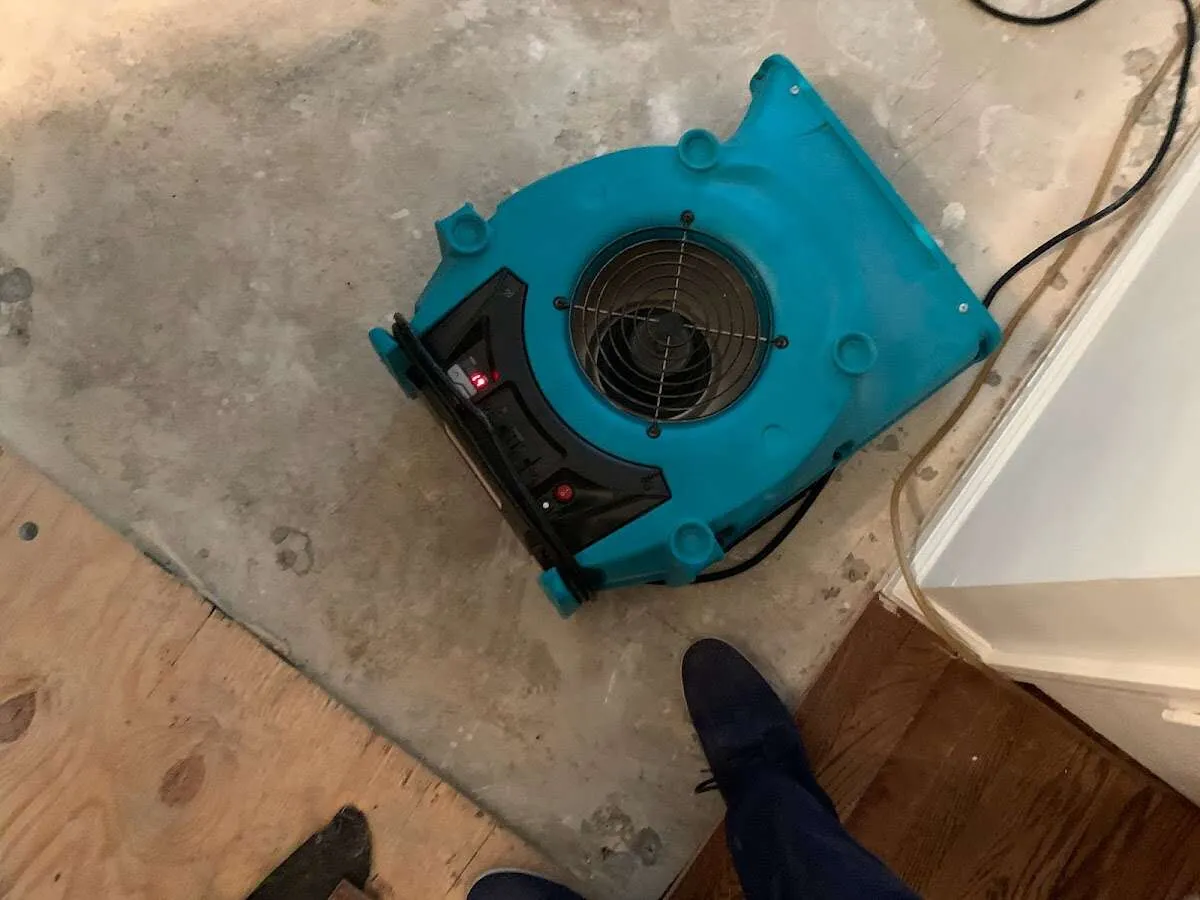 Air mover drying subfloor during Leak Detection & Repair in Redlands